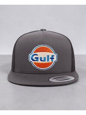 Gulf Gas  Patch on YP Flat Bill Trucker Hat Mesh Back Snapback charcoal/blk